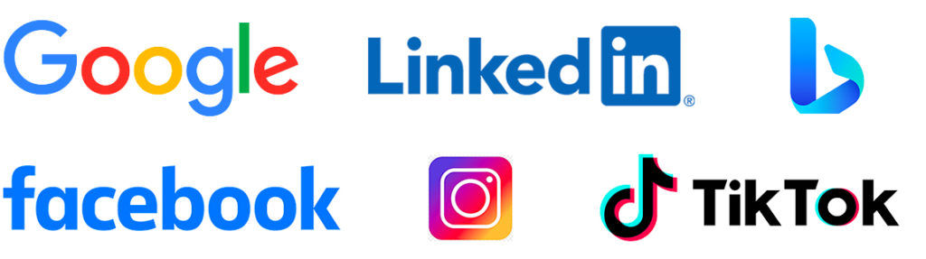 Logos displayed as follows: Google, LinkedIn, Facebook, Instagram, and TikTok.