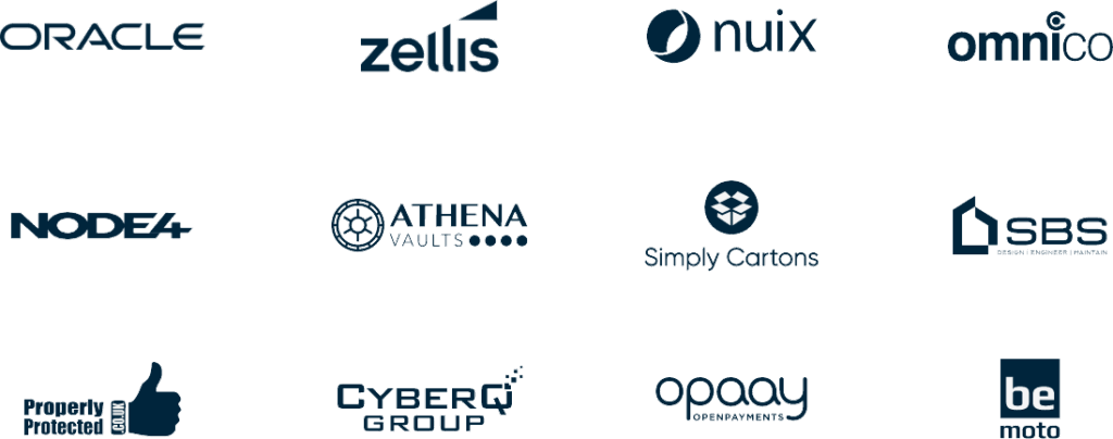 Logos displayed in order as follows: Oracle, Zellis, Nuix, Omnico, NODE4, Athena Vaults, Simply Cartons, SBS Building Services, Property Protected, CyberQGroup, Opaay, and BeMoto