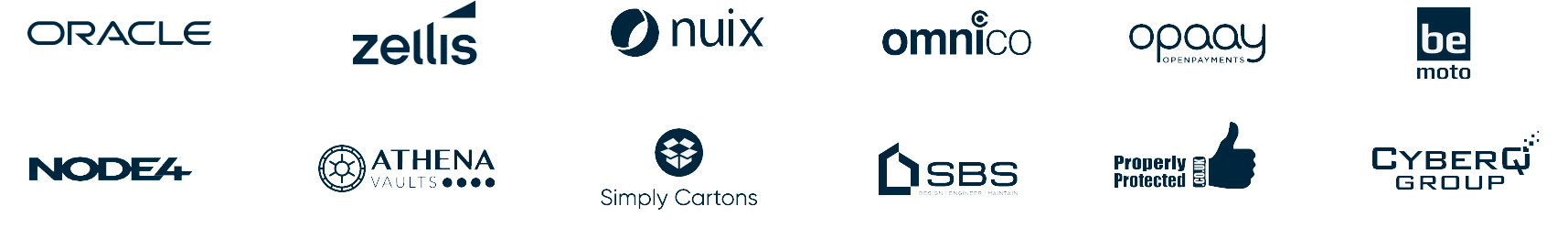 Logos displayed in this order: Oracle, Zellis, Nuix, Omnico, Opaay, BeMoto, NODE4, Athena Vaults, Simply Cartons, SBS Building Services, Property Protected, and CyberQGroup